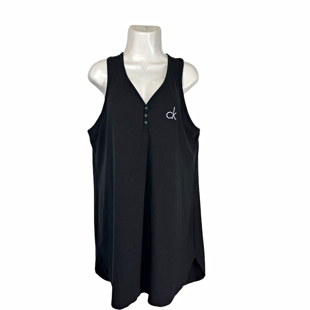 Calvin Klein Women XL Sleepwear Black Ribbed V-Neck Pajama Tank Dress Nightgown